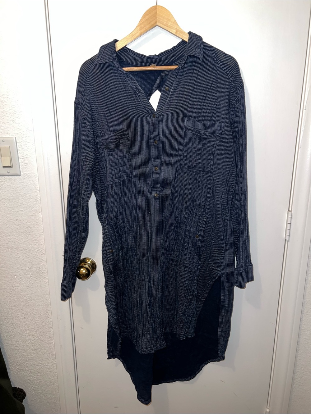 Free People Navy Pinstripe Cotton High-Low Tunic Shirt Dress Size L - Picture 5 of 6
